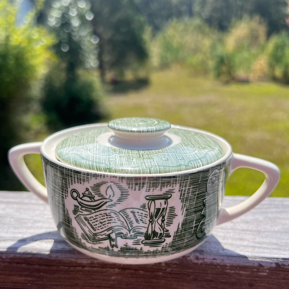 1950s Vintage Royal China Colonial Homestead Green Sugar Bowl & Lid